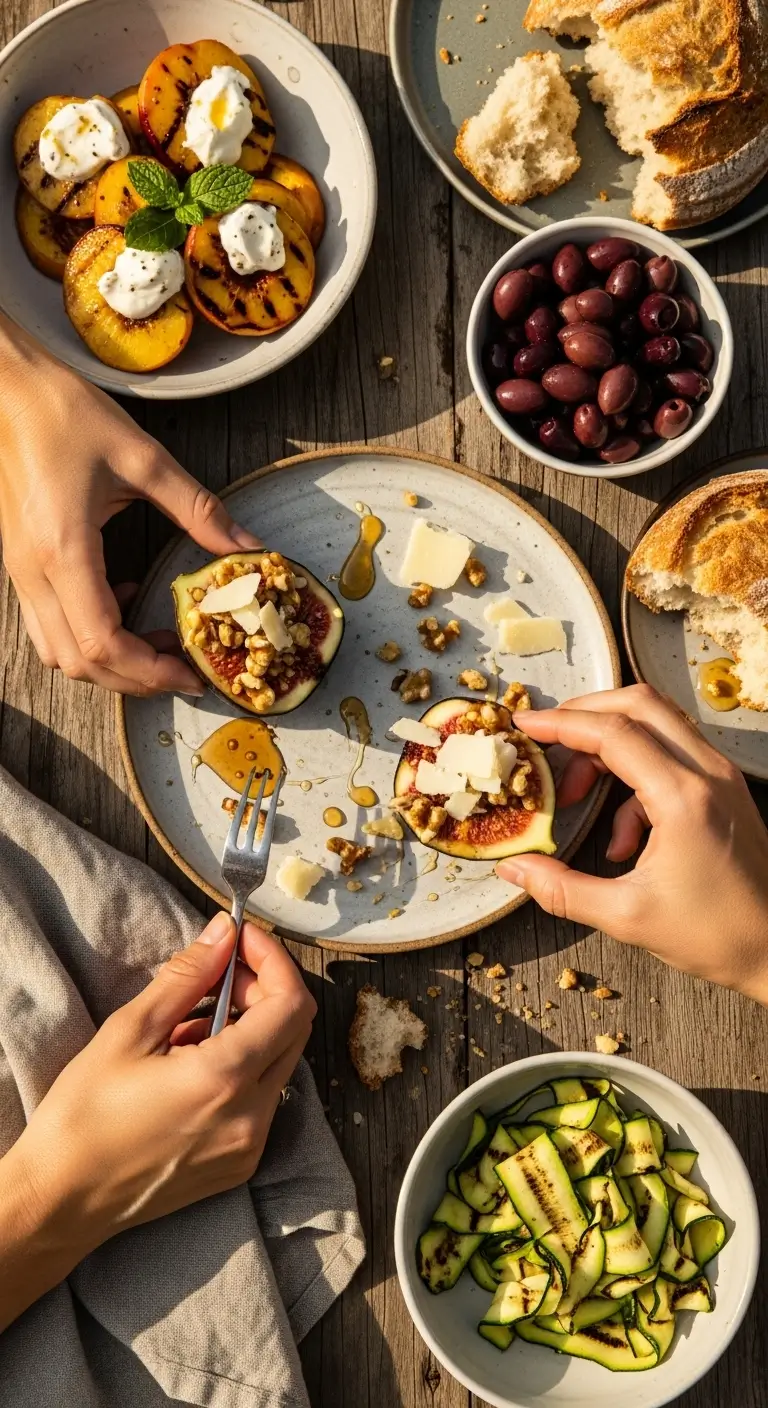 Shared Mediterranean meal with grilled fruit, figs and bread